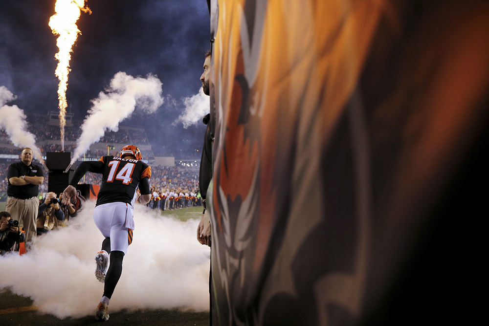 SSports Feature - HM   - Cincinnati Bengals quarterback Andy Dalton (14) runs on to the field as he's introduced prior to their game against the Pittsburgh Steelers at Paul Brown Stadium in Cincinnati. (Sam Greene / Cincinnati Enquirer)